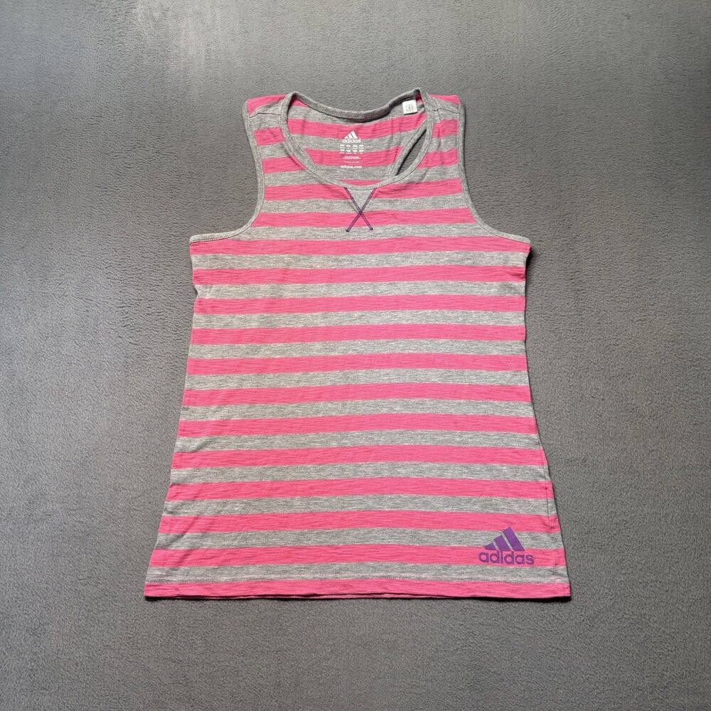 Adidas Womens Small Tank Top Pink Gray Striped Purple Logo Racerback Athletic